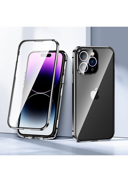 iPhone 15 Pro Max Çift Taraflı Temperli Cam + Metal Çerçeve Kılıf Manyetik Telefon Kapağı (Yurt Dışından)