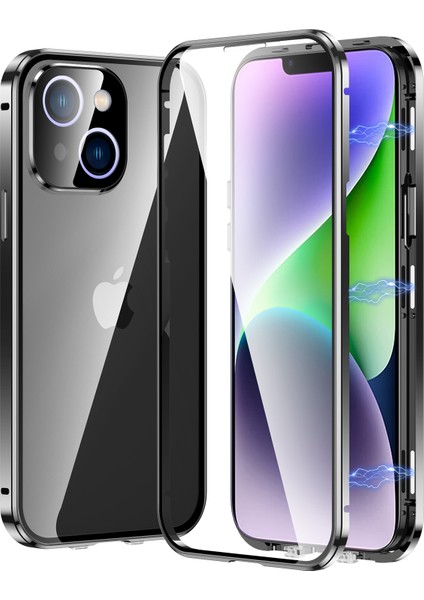 iPhone 15 Metal Çerçeve Manyetik Telefon Kapağı Çift Yan Temperlenmiş Cam Kılıf (Yurt Dışından)