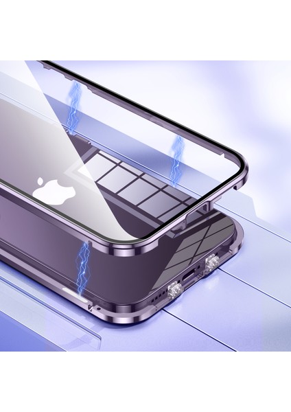 iPhone 15 Metal Çerçeve Manyetik Telefon Kapağı Çift Yan Temperlenmiş Cam Kılıf (Yurt Dışından)