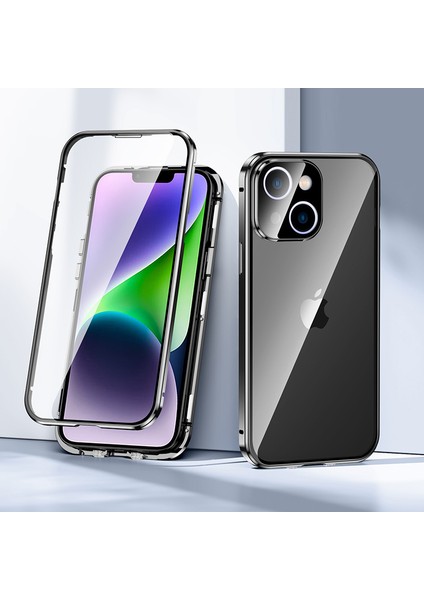 iPhone 15 Metal Çerçeve Manyetik Telefon Kapağı Çift Yan Temperlenmiş Cam Kılıf (Yurt Dışından)