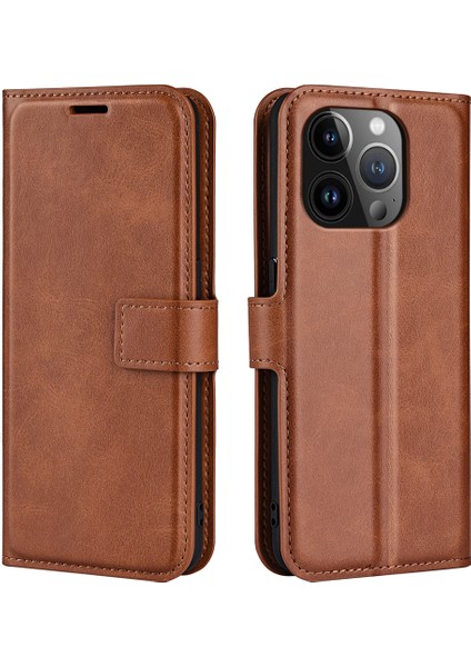 iPhone 15 Pro Max Buzağı Doku Deri Kapağı Kare Manyetik Kapanma Stand Cüzdan Telefon Kılıfı (Yurt Dışından)