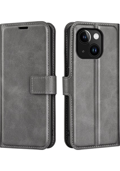iPhone 15 Buzağı Dokusu Deri Kapak Kare Manyetik Kapatma Standı Cüzdan Telefon Kılıfı (Yurt Dışından)