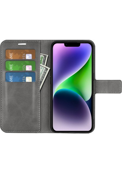 iPhone 15 Buzağı Dokusu Deri Kapak Kare Manyetik Kapatma Standı Cüzdan Telefon Kılıfı (Yurt Dışından)