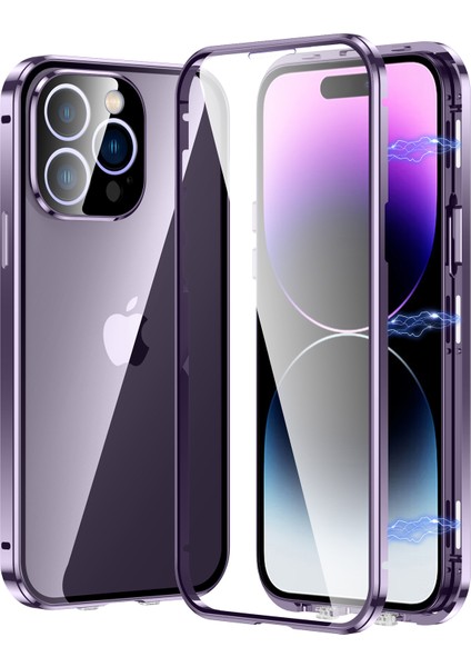 iPhone 15 Pro Max Çift Taraflı Temperli Cam + Metal Çerçeve Kılıf Manyetik Telefon Kapağı (Yurt Dışından)