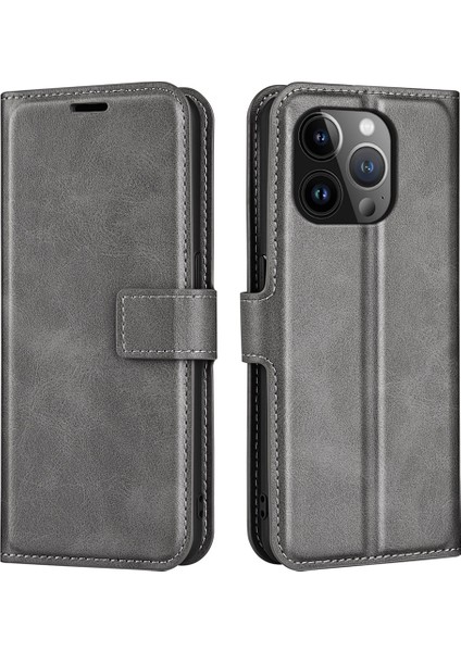 iPhone 15 Pro Max Buzağı Doku Deri Kapağı Kare Manyetik Kapanma Stand Cüzdan Telefon Kılıfı (Yurt Dışından)