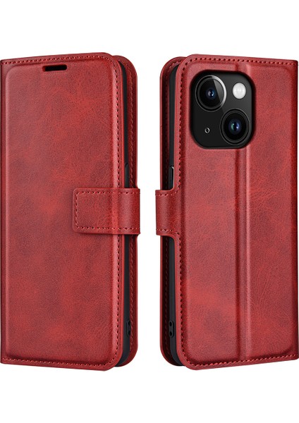 iPhone 15 Plus Kare Manyetik Kapatma Kabuğu Buzağı Dokusu Deri Kapak Standı Cüzdan Telefon Kılıfı (Yurt Dışından)