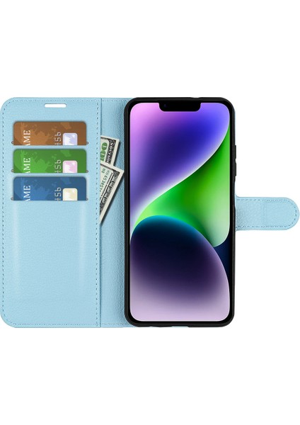 iPhone 15 Pu Deri Litchi Doku Dekme Stand Telefon Kılıfı Cüzdan Flip Telefon Kapağı (Yurt Dışından)
