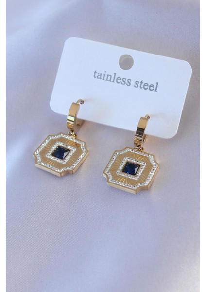 Çelik Gold Renk Zirkon Taşlı Kadın Küpe