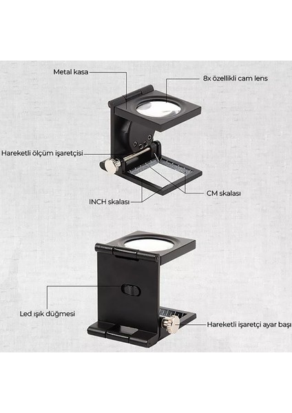 8x Skalalı Katlanır Metal Büyüteç (Lup)