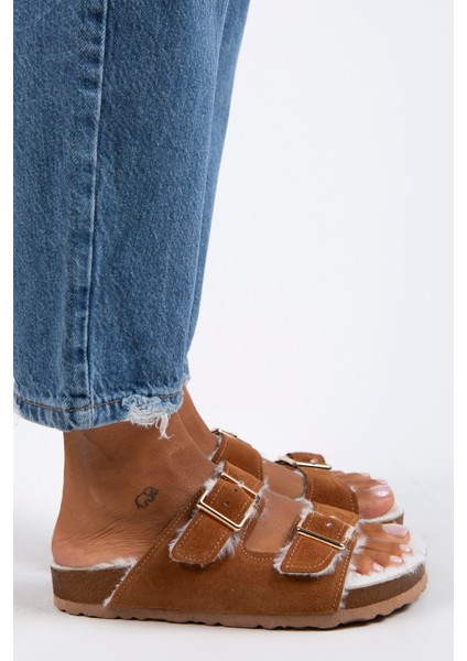 Anjelic Kürklü Kadın Hakiki Deri Çift Tokalı Kürklü Taba Süet Terlik fiyatları