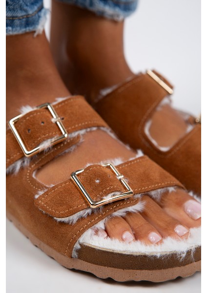 Anjelic Kürklü Kadın Hakiki Deri Çift Tokalı Kürklü Taba Süet Terlik modelleri