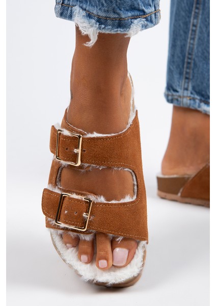 Anjelic Kürklü Kadın Hakiki Deri Çift Tokalı Kürklü Taba Süet Terlik fırsatları