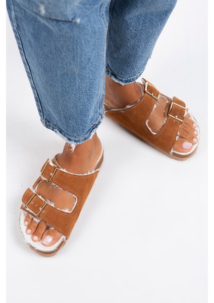 Anjelic Kürklü Kadın Hakiki Deri Çift Tokalı Kürklü Taba Süet Terlik indirimleri