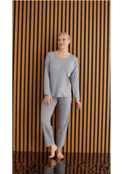 Kadın Desenli Bisiklet Yaka Göğüs Cepli Bambu Uzun Kol Viskon Mevsimlik Pijama Takımı