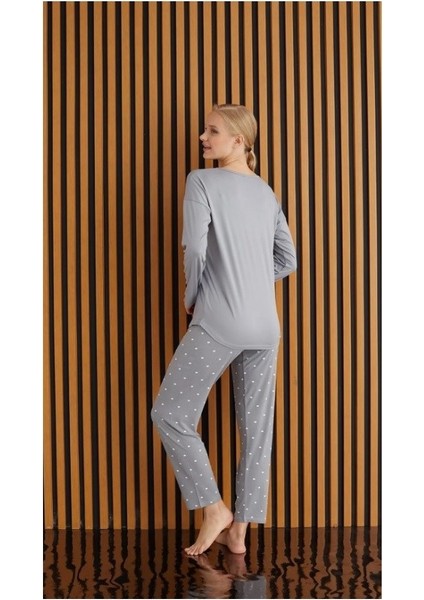 Kadın Desenli Bisiklet Yaka Göğüs Cepli Bambu Uzun Kol Viskon Mevsimlik Pijama Takımı modelleri