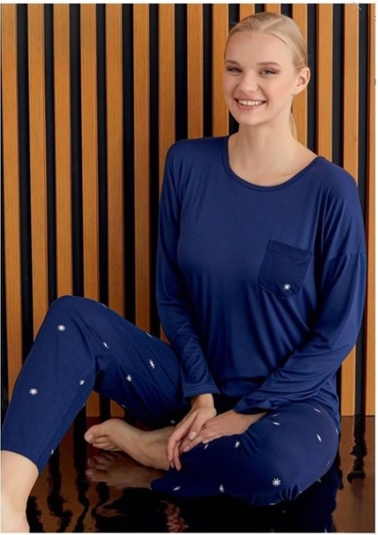 Kadın Desenli Bisiklet Yaka Göğüs Cepli Bambu Uzun Kol Viskon Mevsimlik Pijama Takımı