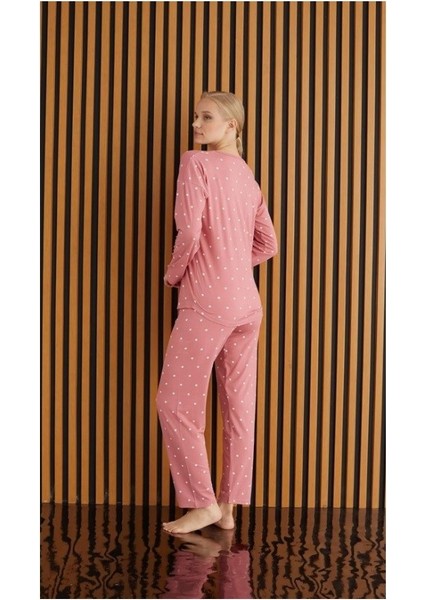Kadın Desenli Bisiklet Yaka Göğüs Cepli Bambu Uzun Kol Viskon Mevsimlik Pijama Takımı modelleri