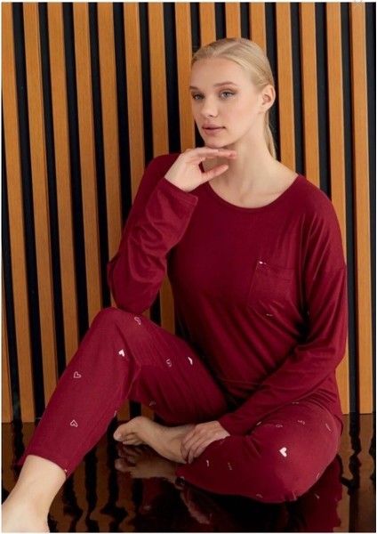Kadın Desenli Bisiklet Yaka Göğüs Cepli Bambu Uzun Kol Viskon Mevsimlik Pijama Takımı fırsatları