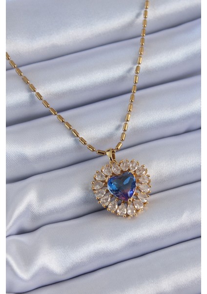 316L Çelik Gold Renk Zirkon Taşlı Kristal Mor Kalp Model Kadın Kolye