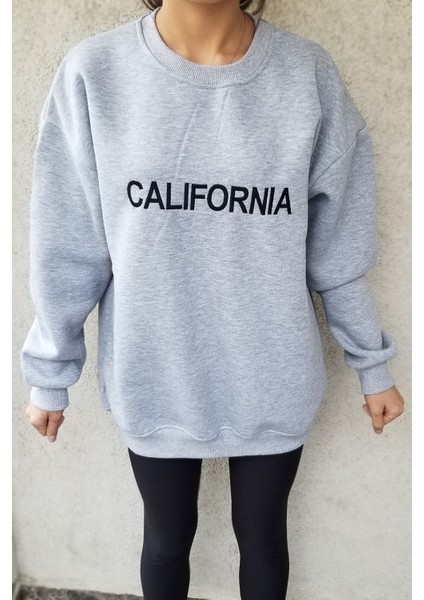 Calıfornıa Nakışlı Gri Oversize Kadın Sweatshirt