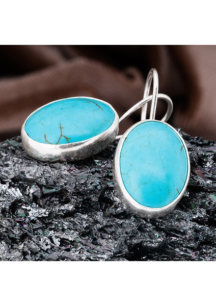 Firuze Taşlı Gümüş Oval Otantik Kadın Küpe