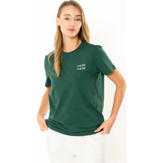 Coredra Amore Regular T-Shirt Kadın - Yeşil