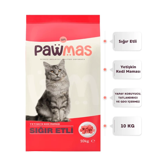 Pawmas Sığır Etli Yetişkin Kedi Maması 10 kg