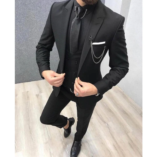 Salih Tarz Yeni Sezon Italyan Kesim Slimfit Siyah Takım Elbise SD4825