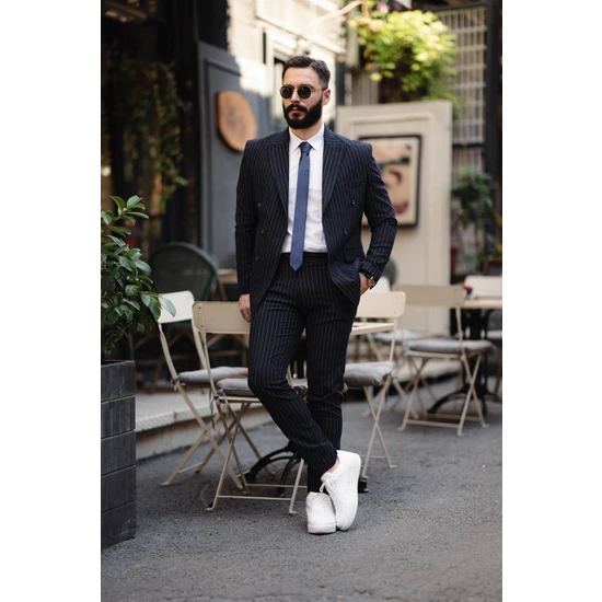 Salih Tarz Italyan Kesim Kruvaze Erkek Lacivert Takım Elbise - Slım Fıt SD4859