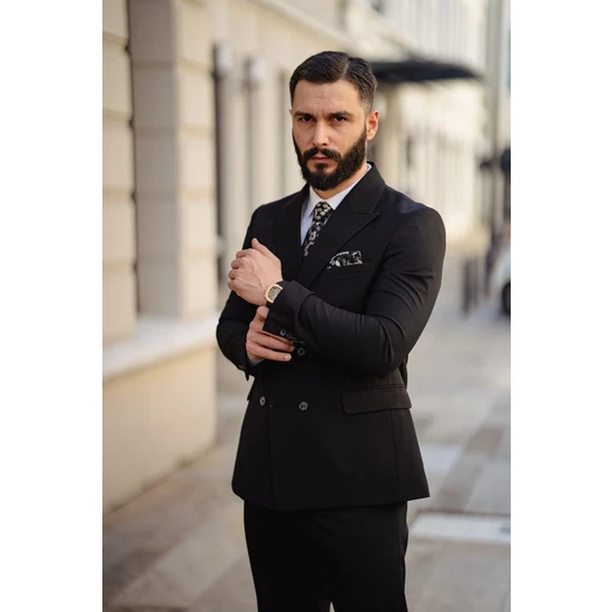 Salih Tarz Italyan Kesim Kruvaze Erkek Siyah Takım Elbise - Slım Fıt SD4874