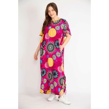 Şans Kadın Fujya Büyük Beden Dokuma Viskon Kumaş Yaka Ve Yırtmacı Bağcık Detaylı Uzun Elbise