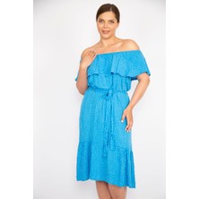 Şans Kadın Mavi Büyük Beden Dokuma Viskon Kumaş Madonna Yaka Kuşaklı Elbise