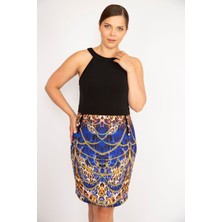 Şans Kadın Siyah Büyük Beden Halter Yaka Süs Düğmeli Eteği Desenli Elbise