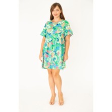 Şans Kadın Büyük Beden Yeşil Bisiklet Yakalı Belden Büzgü Ve Kolları Volan Detaylı Tunik Elbise 65N36881