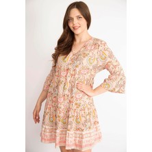 Şans Kadın Renkli Büyük Beden Dokuma Viskon Kumaş V Yakalı Etek Ucu Katlı Elbise