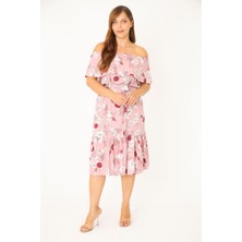 Şans Kadın Büyük Beden Pembe Dokuma Viskon Kumaş Yakası Lastik Ve Volan Detaylı Elbise 65N36783