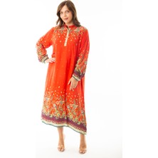 Şans Kadın Büyük Beden Kırmızı Dokuma Viskon Kumaş Ön Pat Düğmeli Uzun Kollu Elbise 65N36871