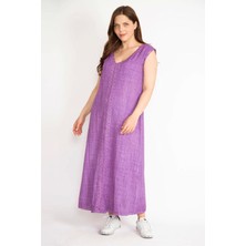 Şans Kadın Eflatun Büyük Beden Dantel Detaylı V Yaka Yan Yırtmaçlı Keten Elbise