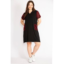 Şans Kadın Siyah Büyük Beden Kol Ve Cepleri Desenli Tül Detaylı V Yakalı Elbise