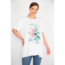 Şans Kadın Beyaz Büyük Beden Rahat Kesim Bisiklet Yakalı Ön Baskılı Tunik