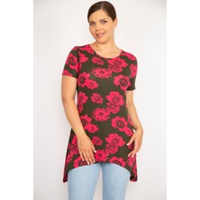 Şans Kadın Renkli Büyük Beden Bisiklet Yakalı Etek Ucu Asimetrik Kesim Kısa Kollu Bluz