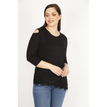 Şans Kadın Siyah Büyük Beden Tek Omuz Dekolteli Etek Ucu Dantel Bluz