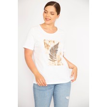 Şans Kadın Kemik Büyük Beden Pamuk Kumaş Bisiklet Yakalı Kısa Kollu Ön Baskılı Bluz