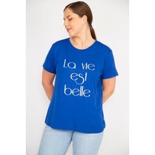 Şans Kadın Saks Büyük Beden Lak Baskılı Bluz