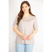 Şans Kadın Vizon Büyük Beden Yakası Dantel Detaylı Kısa Kollu Bluz