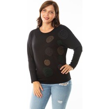 Şans Kadın Büyük Beden Siyah Taş Detaylı Yarasa Kol Bluz 65N36864