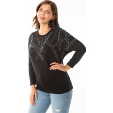 Şans Kadın Büyük Beden Siyah Taş Detaylı Yarasa Kol Bluz 65N36862