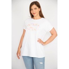 Şans Kadın Kemik Büyük Beden Ön Baskılı Bisiklet Yakalı Duble Kol Bluz