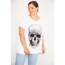 Şans Kadın Büyük Beden Beyaz Taş İşli Bisiklet Yakalı Likralı Bluz