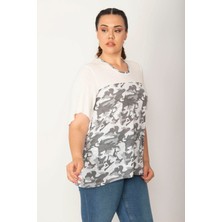 Şans Kadın Büyük Beden Kemik Roba ve Kolları Fileli Kumaş Kısa Kollu Bluz